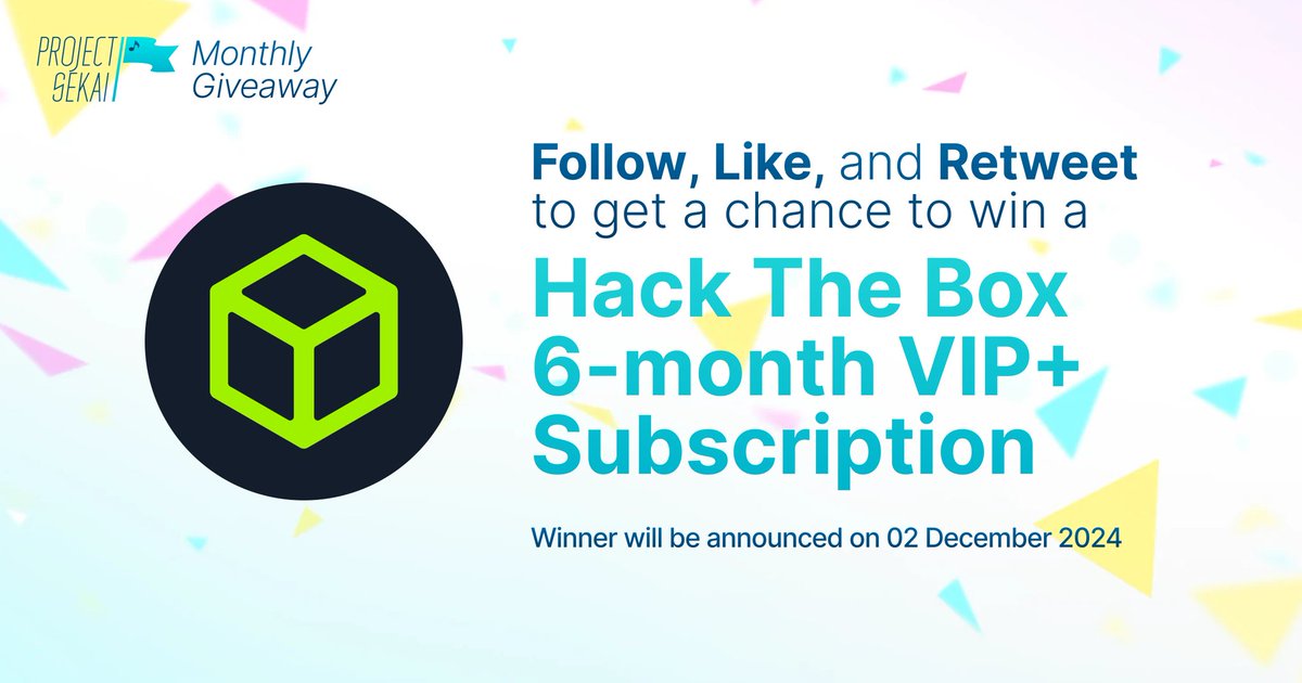 Project Sekai CTF (@projectsekaictf) on Twitter photo 🎁 End of Year Giveaway 🎁 
Hack The Box 6-month VIP+ x1
- Follow, Like, and Retweet to join!
- Winner will be picked randomly on December.
#hackthebox #giveaway #projectsekaictf 🎁 End of Year Giveaway 🎁 
Hack The Box 6-month VIP+ x1
- Follow, Like, and Retweet to join!
- Winner will be picked randomly on December.
#hackthebox #giveaway #projectsekaictf