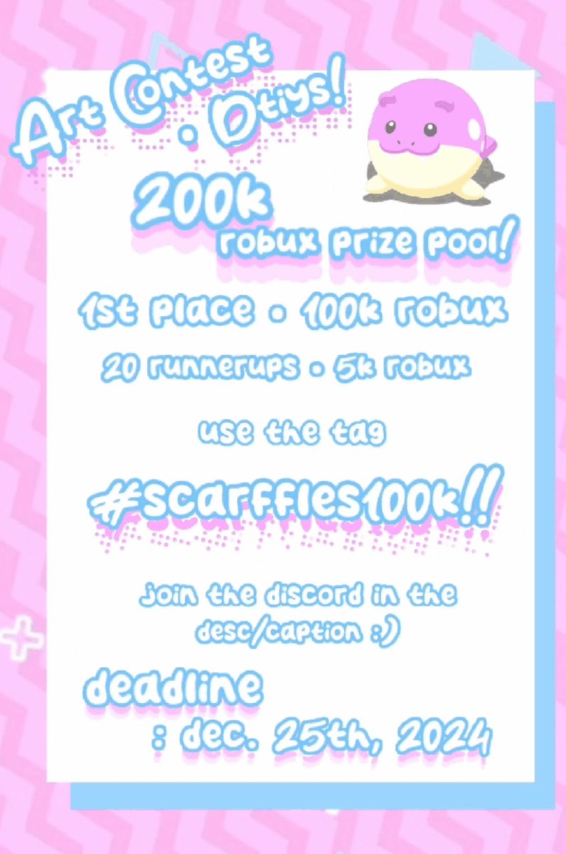 200k ROBUX ART CONTEST! 

To enter
- Follow me and <a href="/Kazisito/">kazi</a> 
- retweet
- Draw 1-3 of the characters in the thread below
- use #scarffles100k 
- Join the group mentioned in the discord server so you can claim robux (link in bio) 

Ends 12/25
#robloxartcontest #artcontest #robux