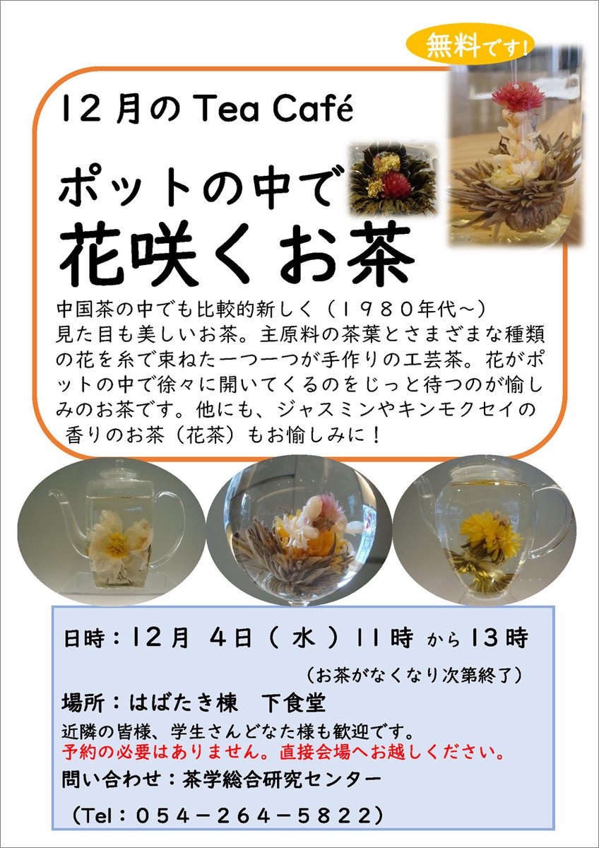 shizu_kendai's tweet photo. 12月4日（水）開催の「Tea Cafe」は、見た目が美しい工芸茶です。ポットの中でお花が咲きますよ。

#静岡県立大 https://t.co/HK2ooV4P3u