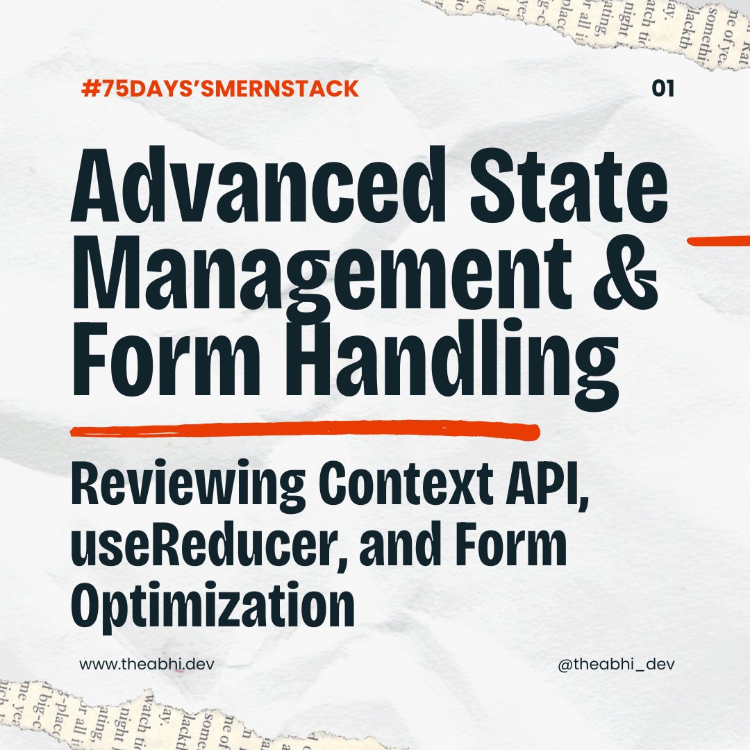 theabhi_dev's tweet image. Review React’s advanced state management and form handling! 💡 Learn how to optimize Context API, useReducer, and forms for scalable apps. 🚀 #ReactState #ReactForms #MERNChallenge