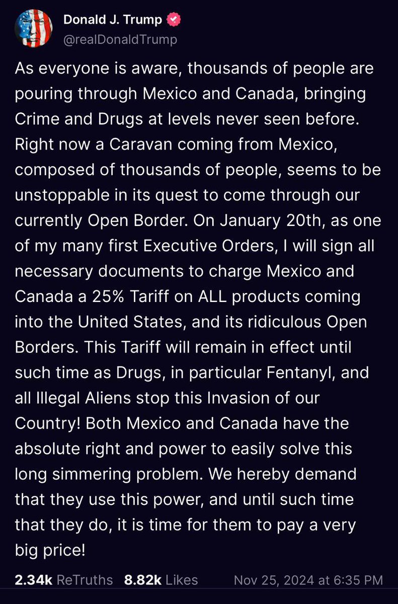 B_Estefan's tweet photo. 🔴La amenaza de Trump de imponer, desde el primer día de su mandato, un arancel del 25% a todos los productos de 🇲🇽 y 🇨🇦, junto con esta entrevista 👇🏻 de Donald Trump Jr. minutos después del anuncio de su padre, dejan en claro lo siguiente:  

1) México no puede esperar hasta el 20 de enero para comenzar pláticas y negociaciones con el equipo Trump

2) Los argumentos actuales de México no serán suficientes. La narrativa de que “producimos juntos” y que imponer aranceles sería perjudicial para Estados Unidos no resuena en la lógica de Trump. Para él, la negociación es integral e incluye temas de migración y fentanilo como piezas centrales de la ecuación.  

3) El equipo negociador de México debe ser multidisciplinario. No basta con expertos en comercio exterior; necesitamos incorporar especialistas en la relación bilateral en materia migratoria y de serguridad. La estrategia mexicana debe ser  integral.  

4) México ya tiene que estar tejiendo alianzas con todos los "stakeholders" potencialmente afectados por estas probables medidas. 

Este reto de política exterior nos encuentra mal parados. La desaparición de las agregadurías de Seguridad y Migración en nuestra Embajada en Estados Unidos, la disolución de la Dirección Internacional del Instituto Nacional de Migración, y la vacante en la Dirección Internacional del Centro Nacional de Inteligencia, son malas noticias. Lástima también que nuestra relación con Canadá esté tan fría y que la cooperación 🇲🇽 - 🇺🇸 en materia de Seguridad esté por la Calle de la Amargura.

La política exterior no es un gasto, sino una inversión. Y cuando surgen retos de esta magnitud, las carencias se convierten en riesgos.