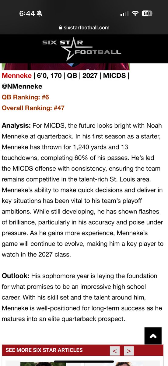 Noah Menneke (@nmenneke) on Twitter photo Thank you to <a href="/6starfootballMO/">Six Star Football | MISSOURI</a> for ranking me as one of the top class of 27 QB’s in Missouri.
<a href="/MICDSfootball/">MICDS Rams Football</a> <a href="/nmenneke77/">Nick Menneke</a> <a href="/coachgoldberg1/">Coach Goldberg</a> <a href="/JPRockMO/">JP Rock</a> <a href="/BouchardFred/">Fred Bouchard</a> <a href="/elitefootball/">EliteFootballAcademy</a> Thank you to <a href="/6starfootballMO/">Six Star Football | MISSOURI</a> for ranking me as one of the top class of 27 QB’s in Missouri.
<a href="/MICDSfootball/">MICDS Rams Football</a> <a href="/nmenneke77/">Nick Menneke</a> <a href="/coachgoldberg1/">Coach Goldberg</a> <a href="/JPRockMO/">JP Rock</a> <a href="/BouchardFred/">Fred Bouchard</a> <a href="/elitefootball/">EliteFootballAcademy</a>