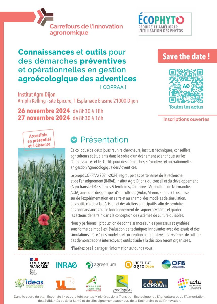 Connaissances et outils pour des démarches préventives et opérationnelles en gestion agroécologique des adventices (COPRAA)
Colloque de 2 jours
VOICI le lien pour suivre le jour 1 en live
vimeo.com/event/4709677
