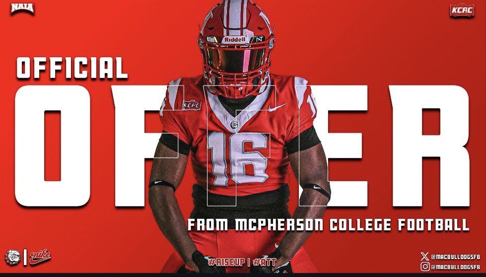 Thank you <a href="/MACBulldogsFB/">McPherson Football</a> and <a href="/Tcamp6011/">Coach Camp</a> for the offer to continue my academic and athletic career!! #AGTG