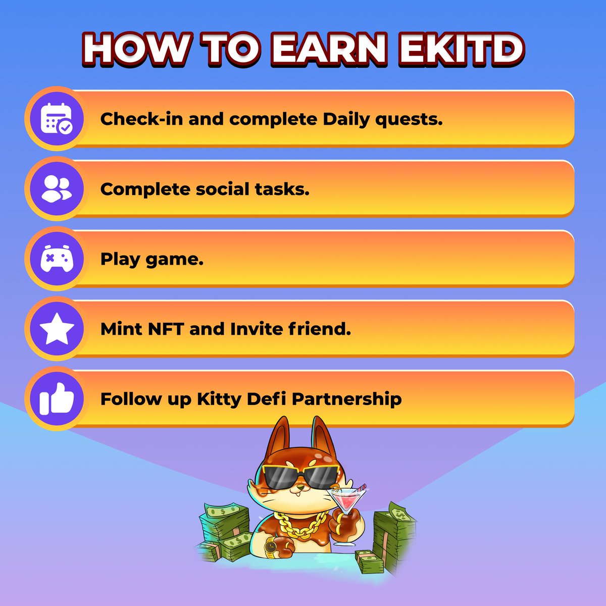 Flappy Kitty has been live for almost 2 weeks now! 🎉🐾 
Have you earned a lot of points yet? 🌟

Don’t forget to ✅ check in and complete 📋 daily tasks to earn more eKITD.  Additionally, when you invite others to join, you’ll receive:

🎁 +1000 eKITD for each successful