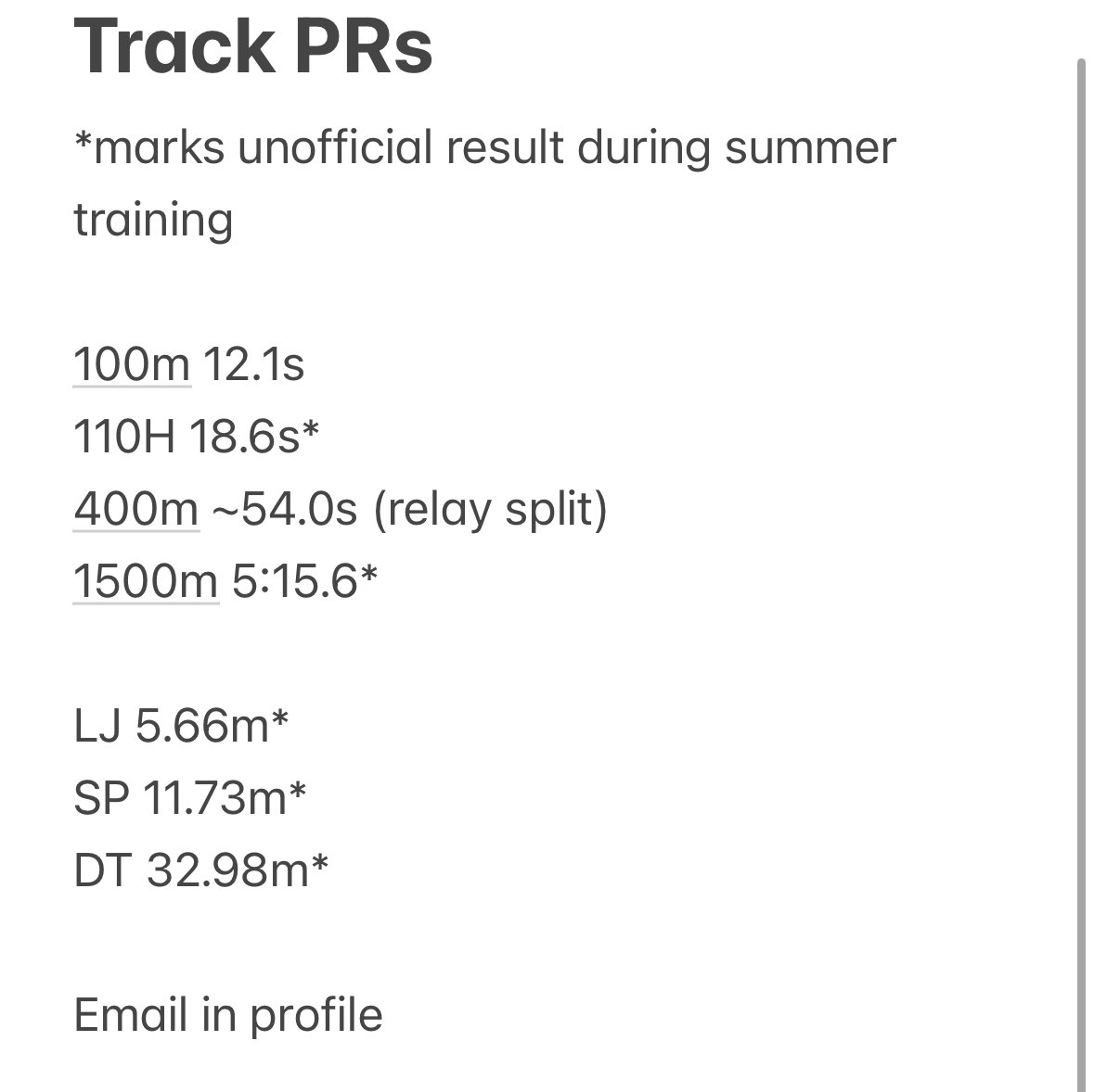 Ben Kozial (@benkozial15) on Twitter photo Looking for a college track program!
-Ben Kozial
-6'3" 200lbs
-Yorkville High School 2025
-Sprints/Multis
-4.44 GPA, 1470 SAT
Healthy and primed for breakout season
Attached are my current PRs
Running at <a href="/CYUP_Training/">CYUP Training</a> <a href="/hoka/">HOKA</a> Misfits in January
<a href="/Coach_McCue/">Nolan McCue</a> <a href="/RunYHS/">Yorkville CC/T&F</a> Looking for a college track program!
-Ben Kozial
-6'3" 200lbs
-Yorkville High School 2025
-Sprints/Multis
-4.44 GPA, 1470 SAT
Healthy and primed for breakout season
Attached are my current PRs
Running at <a href="/CYUP_Training/">CYUP Training</a> <a href="/hoka/">HOKA</a> Misfits in January
<a href="/Coach_McCue/">Nolan McCue</a> <a href="/RunYHS/">Yorkville CC/T&F</a>