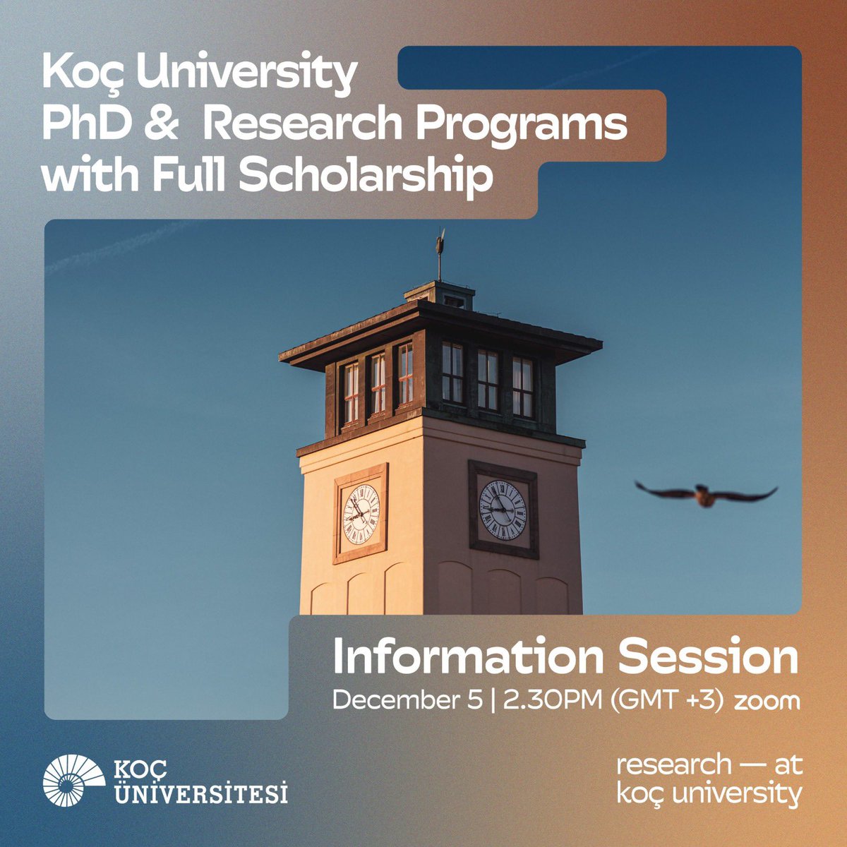 Are you considering a PhD with full scholarship opportunities at Türkiye’s top research university? 

Join us for the upcoming Koç University PhD Programs &amp; Research Opportunities Information Session. 

Register now: zfrmz.com/SY9FFoeL9vbyS0…