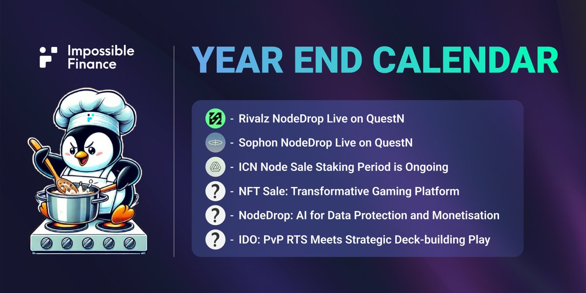 Year End Sneak Peek - What We Are Cooking🧑‍🍳

2024 may be wrapping up, but at Impossible Finance, we’re turning up the heat! Here’s a mouthwatering preview of what’s sizzling in our pipeline:

1⃣ <a href="/Rivalz_AI/">Rivalz Network</a> NodeDrop Giveaway - Still up for grab

Join here: app.questn.com/quest/97414810…