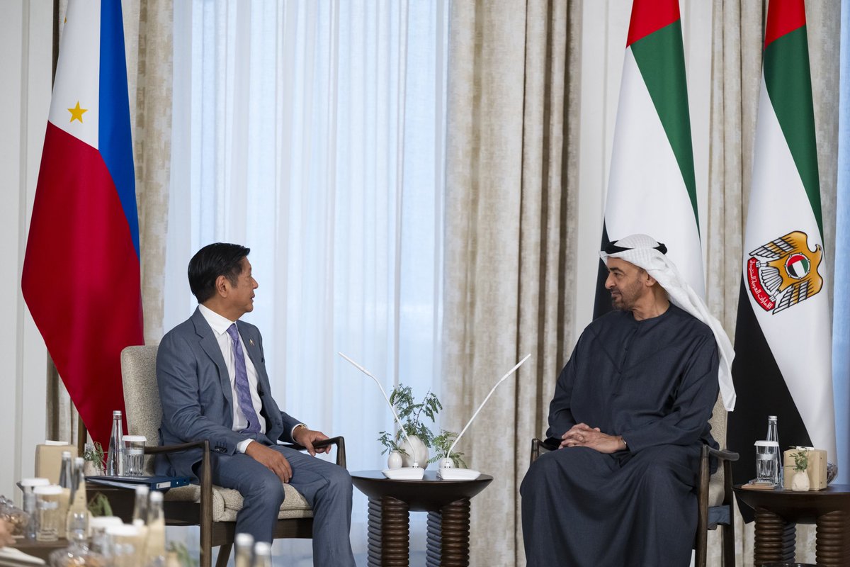 MohamedBinZayed's tweet photo. Today I welcomed President Ferdinand Marcos Jr (@bongbongmarcos) to Abu Dhabi to discuss opportunities to further deepen cooperation between the UAE and the Philippines across vital fields, including economy, trade, and sustainability. As our countries celebrate 50 years of friendship and collaboration, we remain committed to bolstering ties and bringing lasting benefit to our peoples.