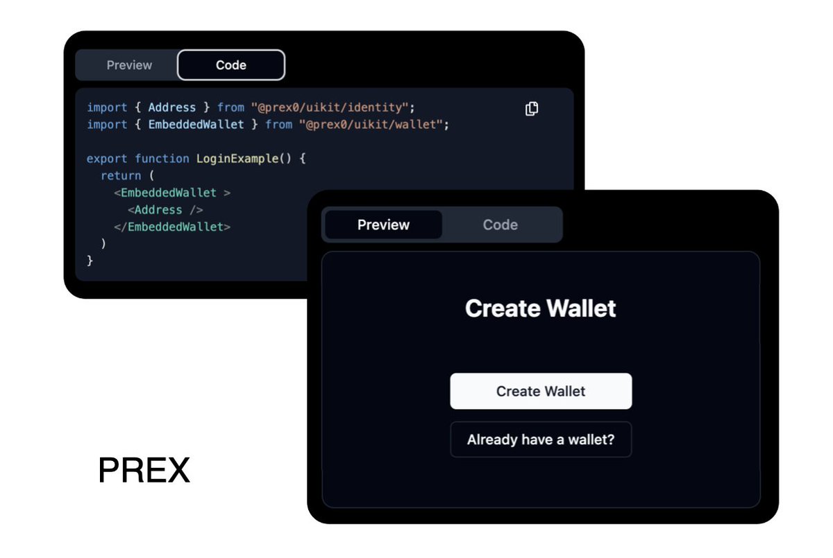 🚀 Want to add a crypto wallet button to your service? With Prex, it’s a breeze! 💻✨
✅ Fully integrated UI &amp; backend
✅ Just a few lines of code to get started
✅ Seamless &amp; reliable

Get all the details here 👉 prex0.com/docs/component… 🛠️ #Blockchain #DevTools #PrexComponents
