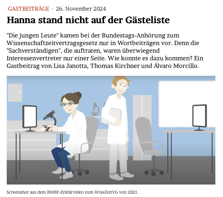 Hanna stand nicht auf der Gästeliste

"Die jungen Leute" kamen bei der Bundestags-Anhörung zum Wissenschaftzeitvertragsgesetz nur in Wortbeiträgen vor. Wie konnte es dazu kommen? Gastbeitrag von Lisa Janotta, Thomas Kirchner &amp; Álvaro Morcillo.

Im Blog: jmwiarda.de/2024/11/26/han…