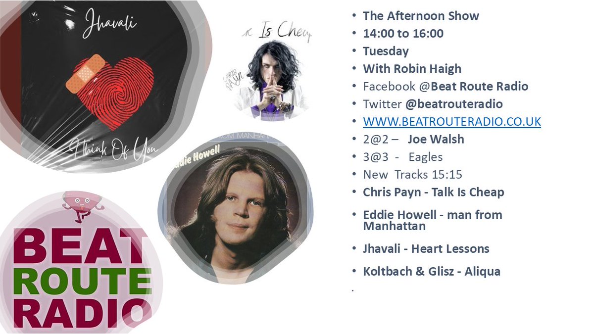 robinhaigh's tweet photo. Please Join me Tuesday Afternoon's 2pm to 4 pm
https://t.co/PNYqYnJrhB
26 th November 14:00 to 16:00
Send your music requests in ..
Email - Studio@beatrouteradio.co.uk
Text – 07895 669929
2@2 –Joe Walsh
3@3 – Eagles
New Music https://t.co/5LDbaFglXr