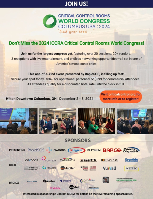 paulwilson73's tweet image. We hope to see you at the ICCRA Critical Control Rooms World Congress! With expert speakers, site visits, and discussions on issues like next-gen call handling with industry peers, it's an event you won't want to miss. #iccra #criticalcontrol #psap hxgn.biz/4g6TORs