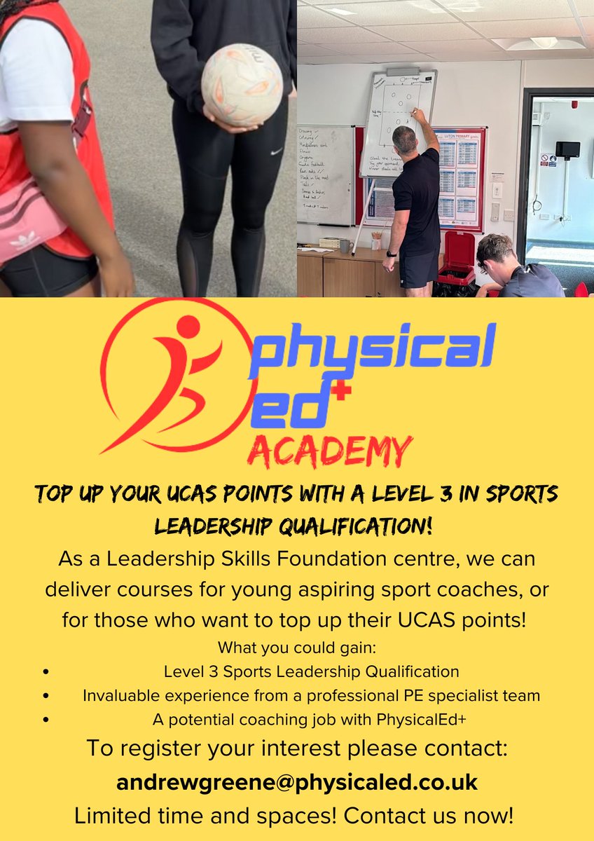 <a href="/LutonSixthForm/">Luton Sixth Form College</a> <a href="/barn_field/">Barnfield College</a> <a href="/oaklandscollege/">Oaklands College</a> <a href="/StockwoodPk/">The Stockwood Park Academy</a> <a href="/CNSLuton/">Cardinal Newman</a> Please repost for your sixth formers and college students! Chance to top up your UCAS points with a Level 3 qualification in Sports Leadership! Please share!