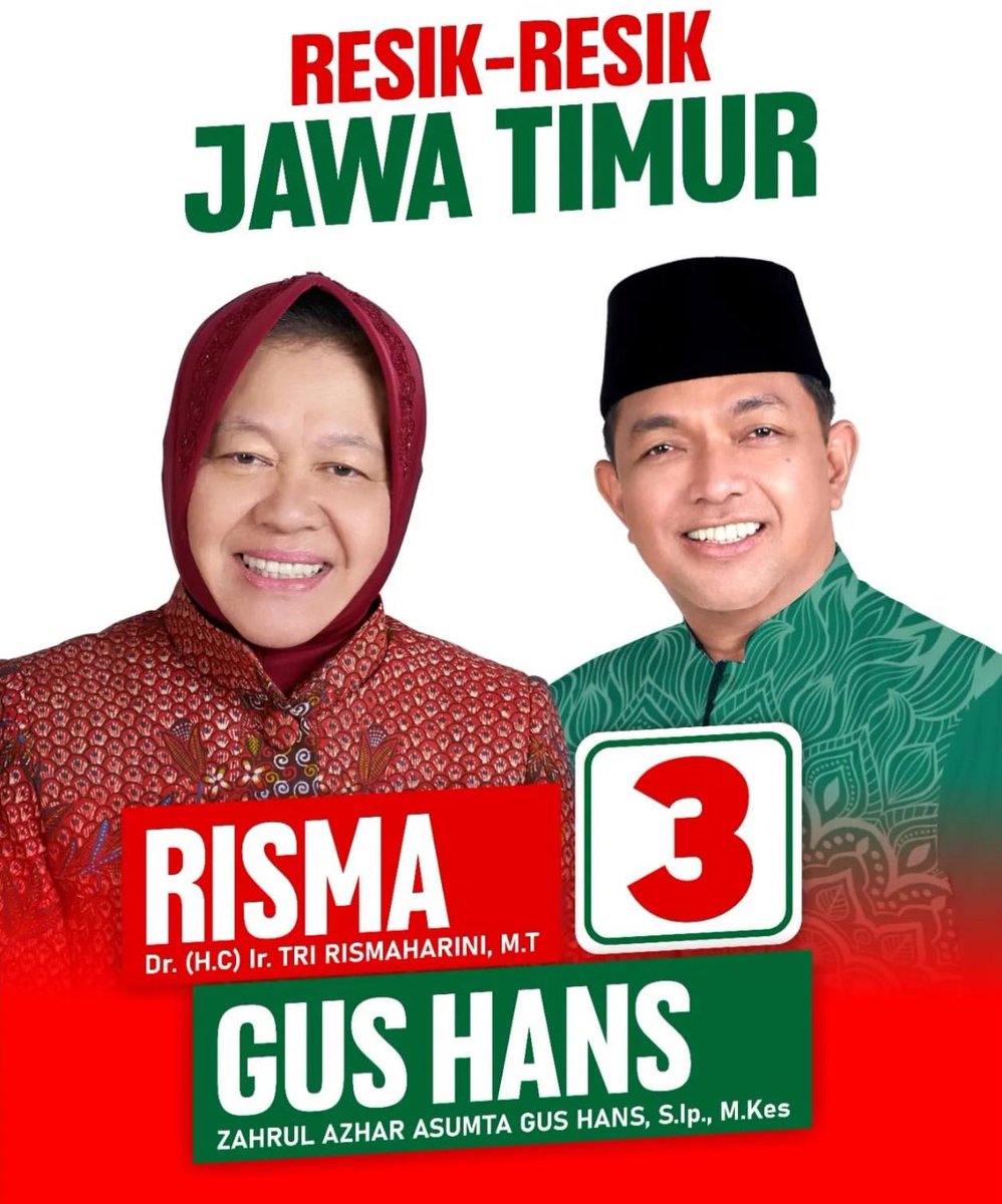 Ingat 🌹

Jakarta : No 3 Pram-Doel

Jateng: no 1 Andika-Hendi

Jatim: no 3 Risma-Gus Hans