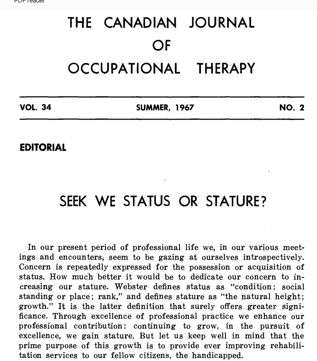 <a href="/theOThub/">The Occupational Therapy Hub</a> Your authenticity and commitment to service, not status, shines through the confetti shower on social media.  Reminds of wise words of Muriel Driver #OTHistory maker in <a href="/CJOT_RCE/">CJOT/RCE</a> in 1967.