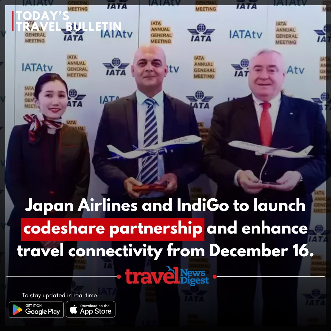 TNDigest's tweet photo. #JapanAirlines (JAL) and #IndiGo will commence a strategic #codeshare partnership on December 16, 2024, offering seamless booking with single tickets for travel between Japan and 18 Indian cities. Bookings opening on December 4, 2024.

More on #TND app: https://t.co/SPFW9sTFfX https://t.co/5XbzqJ5Mg5
