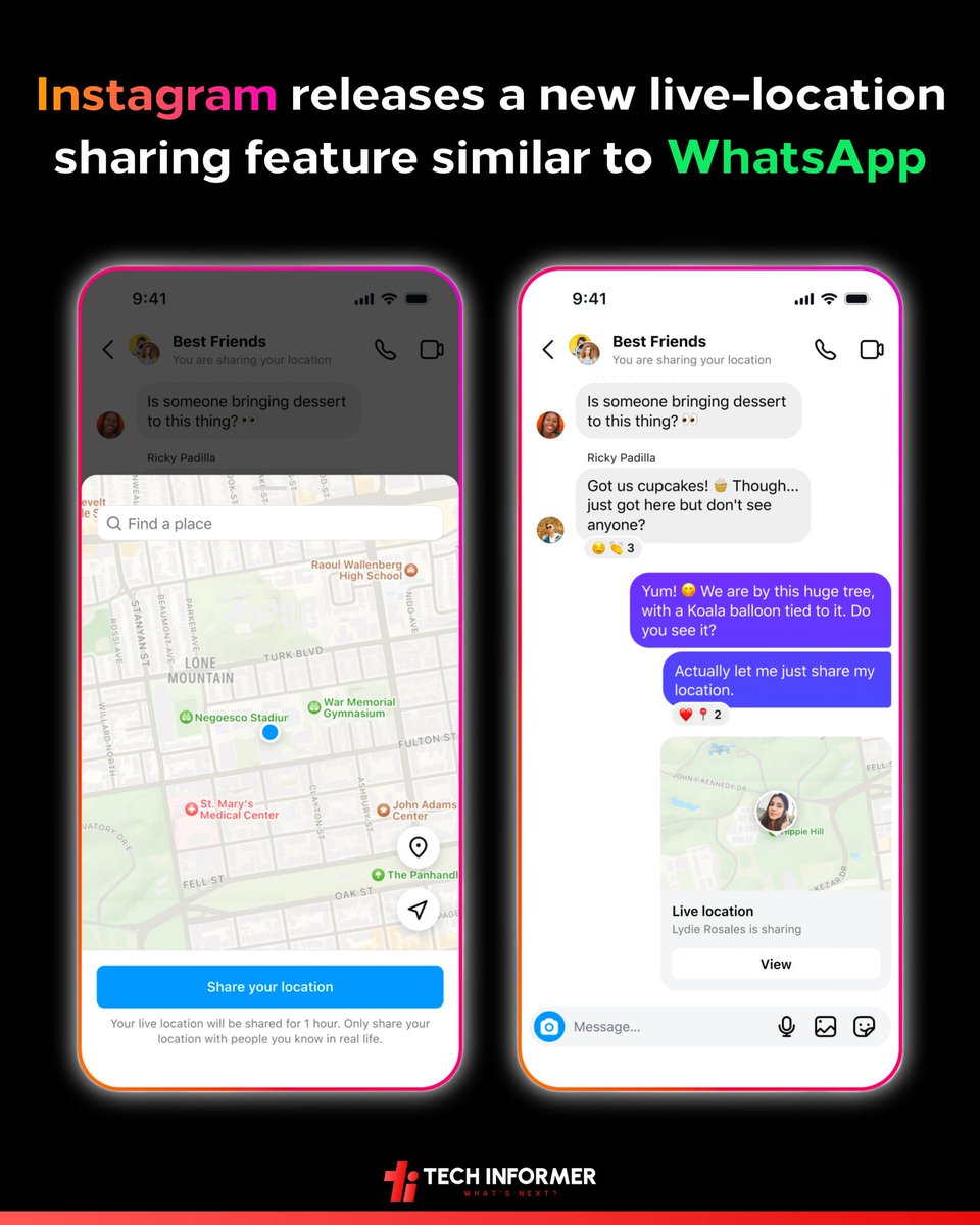 Tech_Informer_'s tweet image. You can share your location in real-time for up to an hour or pin a specific spot on the map to coordinate plans.
#TechInformer #Instagram #LiveLocation #Location #Map