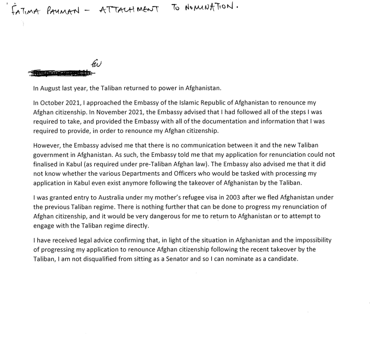 PaulineHansonOz's tweet photo. Tomorrow, I will ask the Senate to vote and determine whether the attached document on Senator Payman’s eligibility paperwork, the entirety of the evidence she has provided, passes the pub test.

Take a look and compare it with what other Senators have submitted: https://t.co/y4rFTCaYEN