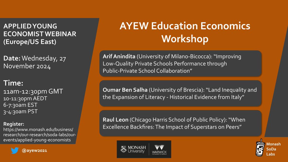 Applied Young Economist Webinar (@ayew2021) on Twitter photo TOMORROW (27 November): AYEW Education Economics Workshop!
Join us at 11:00am GMT to listen to <a href="/arifanindita_/">Arif Anindita</a> (<a href="/unimib/">Università degli Studi di Milano-Bicocca</a>), Oumar Ben Salha (<a href="/unibs_official/">Università degli Studi di Brescia</a>) and <a href="/raulmleonp/">Gingereconomics</a> (<a href="/HarrisPolicy/">Harris Policy</a>)
Sign up for Zoom details: monash.edu/business/impac… TOMORROW (27 November): AYEW Education Economics Workshop!
Join us at 11:00am GMT to listen to <a href="/arifanindita_/">Arif Anindita</a> (<a href="/unimib/">Università degli Studi di Milano-Bicocca</a>), Oumar Ben Salha (<a href="/unibs_official/">Università degli Studi di Brescia</a>) and <a href="/raulmleonp/">Gingereconomics</a> (<a href="/HarrisPolicy/">Harris Policy</a>)
Sign up for Zoom details: monash.edu/business/impac…