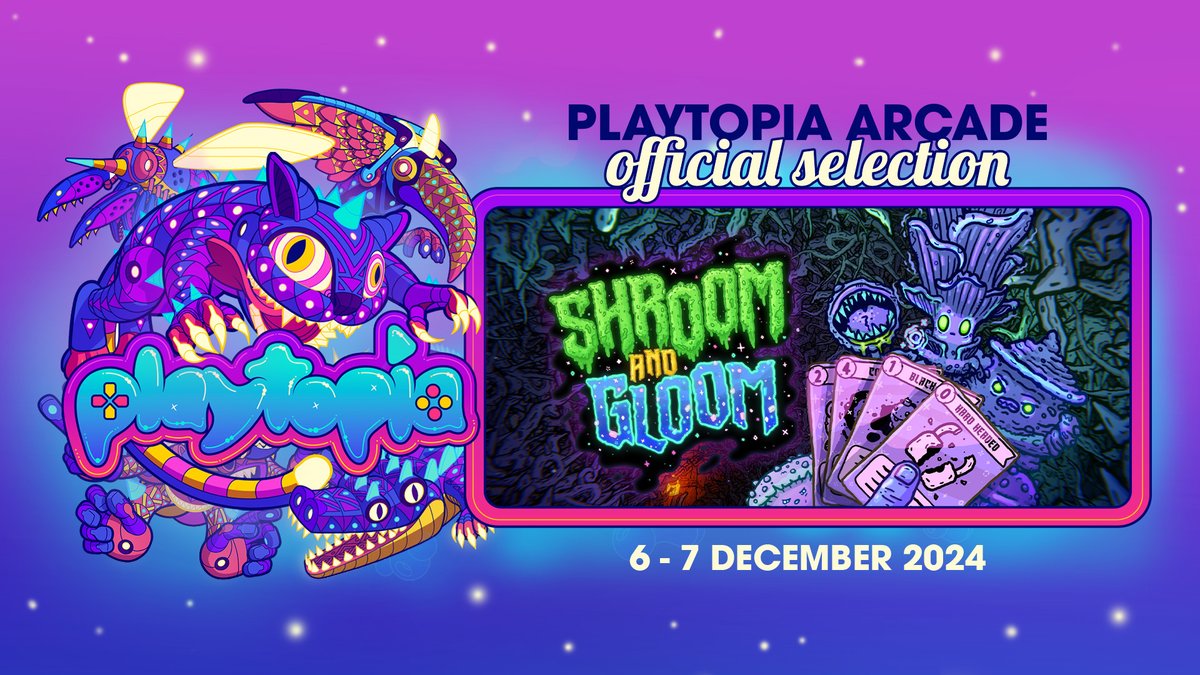 teamlazerbeam's tweet image. Rad news: Shroom and Gloom will be on show at @PlaytopiaSA 2024!🔮✨
We'll mark this special occasion by launching a brand new update of our roguelike deckbuilder. Come say hi, give the update a spin and roast some mushy monsters!