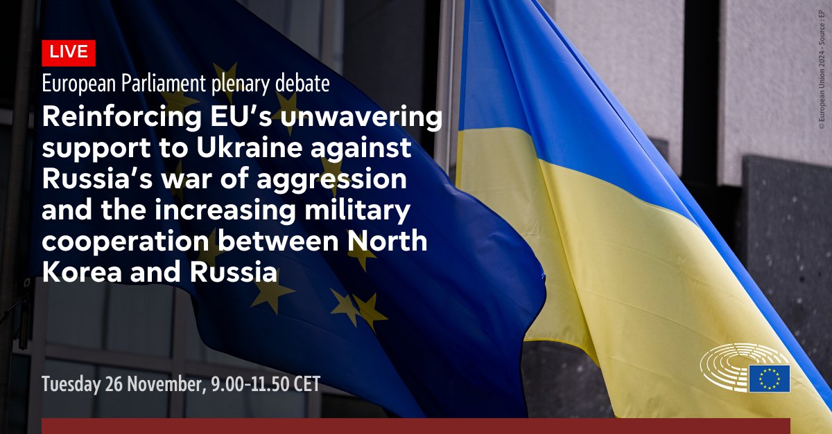 Starting at 9.00
MEPs to sound alarm over Russia’s military cooperation with North Korea, in a debate with Commissioner <a href="/dreynders/">Didier Reynders</a> and Hungarian Minister of EU Affairs <a href="/JanosBoka_HU/">Bóka János</a>.
Follow live 🎦 europarl.europa.eu/plenary/en/hom…