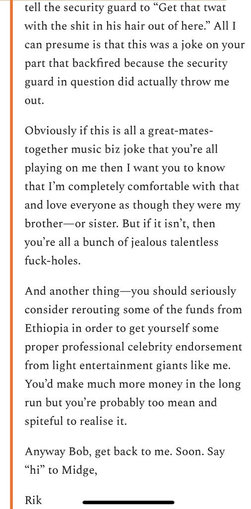 youngonesfan's tweet image. Rik Mayall’s letter to Bob Geldof, 26th November 1984. Taken from  Letters of Note, by Shaun Usher
#rikmayall #BandAid40 #BandAid