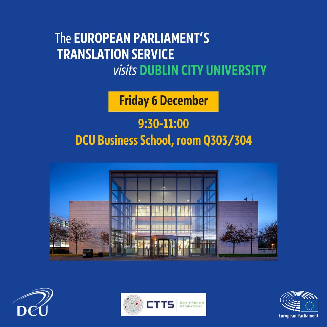 European Parliament Translation Service (@ep_translation) on Twitter photo On 5-6 December, we will visit several #Irish universities to present our #translation work and #career opportunities!
More info 👇 See you there! Feicfimid ansin sibh!
<a href="/tcddublin/">Trinity College Dublin</a> <a href="/QUBelfast/">Queen's University Belfast 🎓</a> <a href="/DCU/">Dublin City University</a> <a href="/Europarl_EN/">European Parliament</a>
#xl8 #SchumanTraineeships #English #Gaeilge On 5-6 December, we will visit several #Irish universities to present our #translation work and #career opportunities!
More info 👇 See you there! Feicfimid ansin sibh!
<a href="/tcddublin/">Trinity College Dublin</a> <a href="/QUBelfast/">Queen's University Belfast 🎓</a> <a href="/DCU/">Dublin City University</a> <a href="/Europarl_EN/">European Parliament</a>
#xl8 #SchumanTraineeships #English #Gaeilge