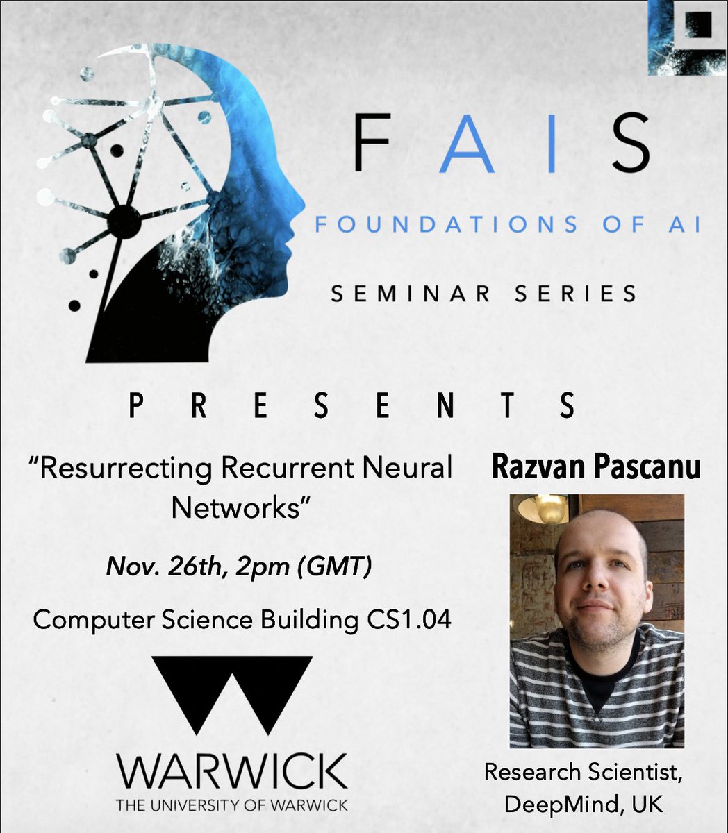🎉 Another exciting seminar ahead!

Today, we’re thrilled to welcome Razvan Pascanu from <a href="/GoogleDeepMind/">Google DeepMind</a> to our Foundations of AI Seminar Series <a href="/FAIS_Warwick/">FoundationsAISeminars</a>!

🗓️ Date: Nov 26th
🕒 Time: 2:00 PM (GMT)
📍 Location: Computer Science Building, CS1.04

@warwickdcs <a href="/uniofwarwick/">University of Warwick</a>