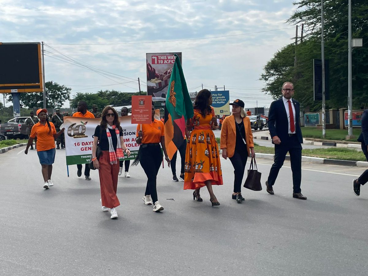 Development director <a href="/BerniSmith5/">Berni Smith</a> marches with Ministry of Gender Permanent Secretary Mainga Kabika to mark the start of #16DaysofActivism Against GBV in Lusaka yesterday