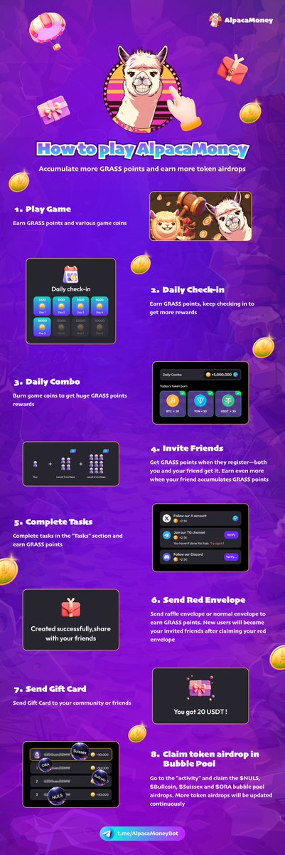 🌾 Ready to turn your daily grind into a fun ride? 🚀

With #AlpacaMoney (t.me/AlpacaMoneyBot), you can rack up $GRASS points, earn token airdrops, and have a blast doing it! 💸

🎮 Play game
✅ Daily check-ins &amp; combos
🧑‍🤝‍🧑 Invite your friends (more players = more rewards!)
🎯