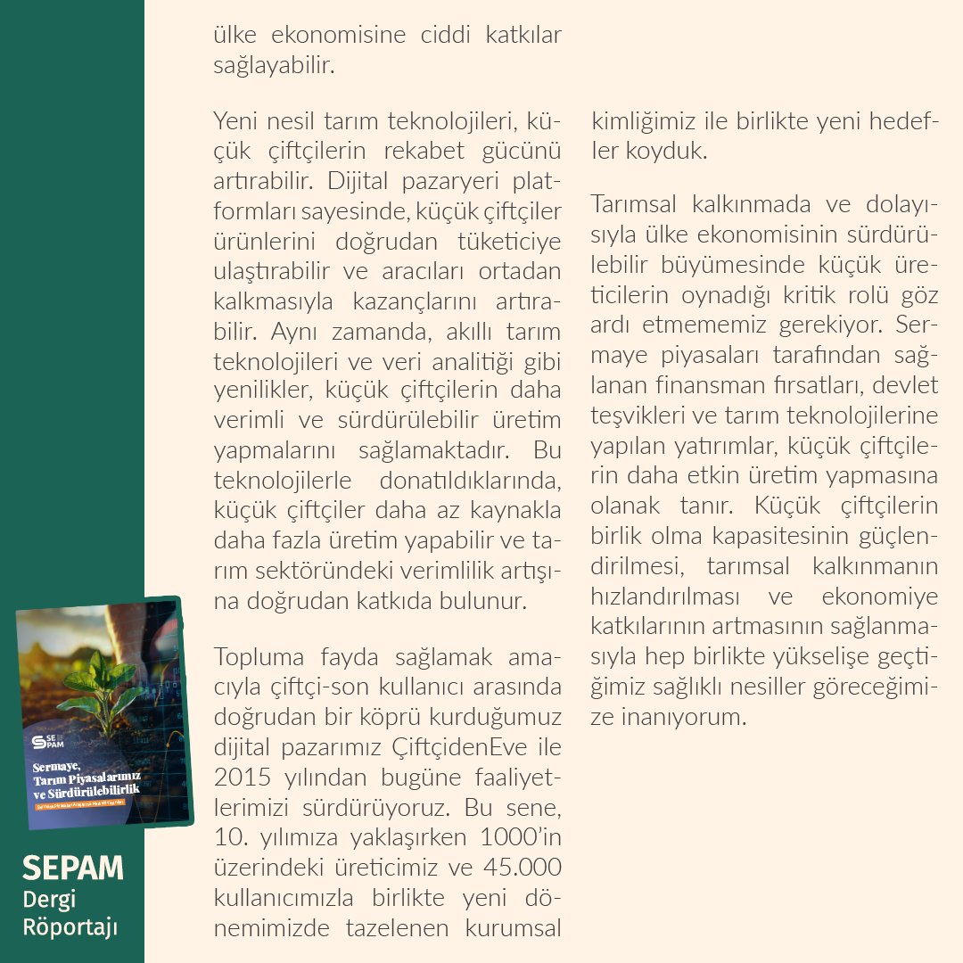 SEPAM dergisinin geçtiğimiz ay yayımlanan Sermaye, Tarım Piyasalarımız ve Sürdürülebilirlik temalı sayısına kurucumuz Uğur Mursaloğlu’nun köşe yazısı ile konuk olarak tarım sektörüne dair değerlendirmelerde bulunduk. ✍🏻🌱wp.me/p9v1wz-7Qo