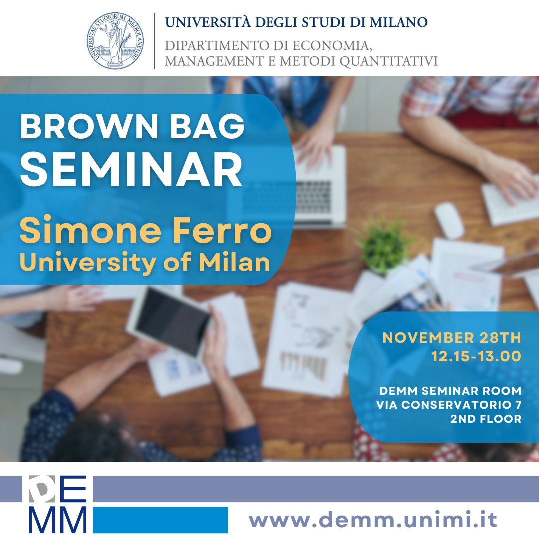 demm_unimi (@demmunimi) on Twitter photo 🍽️ 4° #BrownBagSeminar <a href="/LaStatale/">Università degli Studi di Milano</a>
🗣️ <a href="/smnferro/">Simone Ferro</a>
📊 Riders in the Smog: the Impact of Air Pollution on the Health, Safety, and Productivity of Food Delivery Workers”. 📉
🗓️ 28 novembre
📍 Aula seminari DEMM, via Co7servatorio 7
👇 Più info in bio 🍽️ 4° #BrownBagSeminar <a href="/LaStatale/">Università degli Studi di Milano</a>
🗣️ <a href="/smnferro/">Simone Ferro</a>
📊 Riders in the Smog: the Impact of Air Pollution on the Health, Safety, and Productivity of Food Delivery Workers”. 📉
🗓️ 28 novembre
📍 Aula seminari DEMM, via Co7servatorio 7
👇 Più info in bio