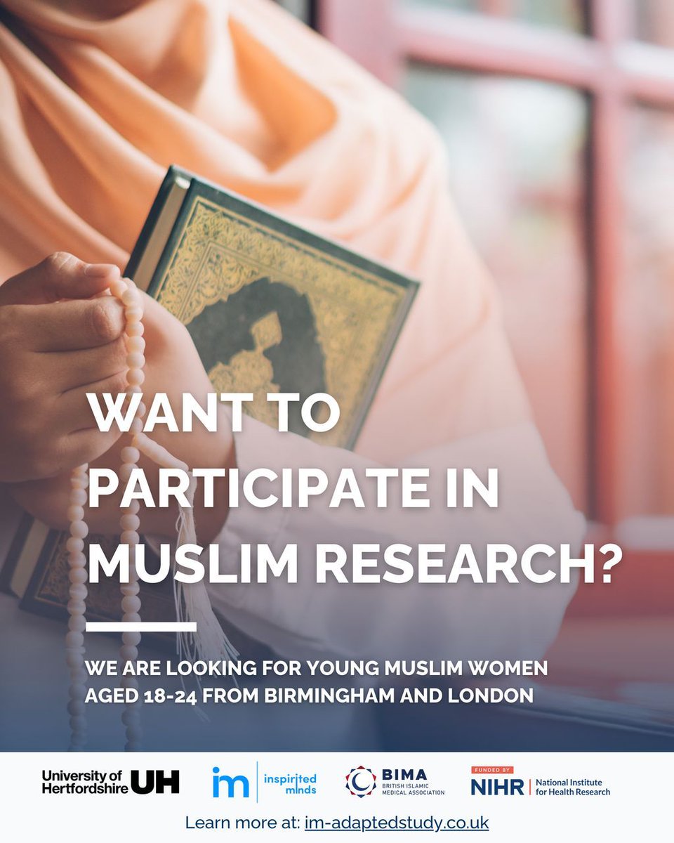 🧕🏽 Our research explores the identity of young #Muslimwomen and #mentalhealth - be sure to sign up to further our understanding in this area. Entry requirements:
🧕🏽 Muslim women aged 18-24📍 Birmingham/East London 🧠 help for mental health? #linkinbio  #InspiritedMinds