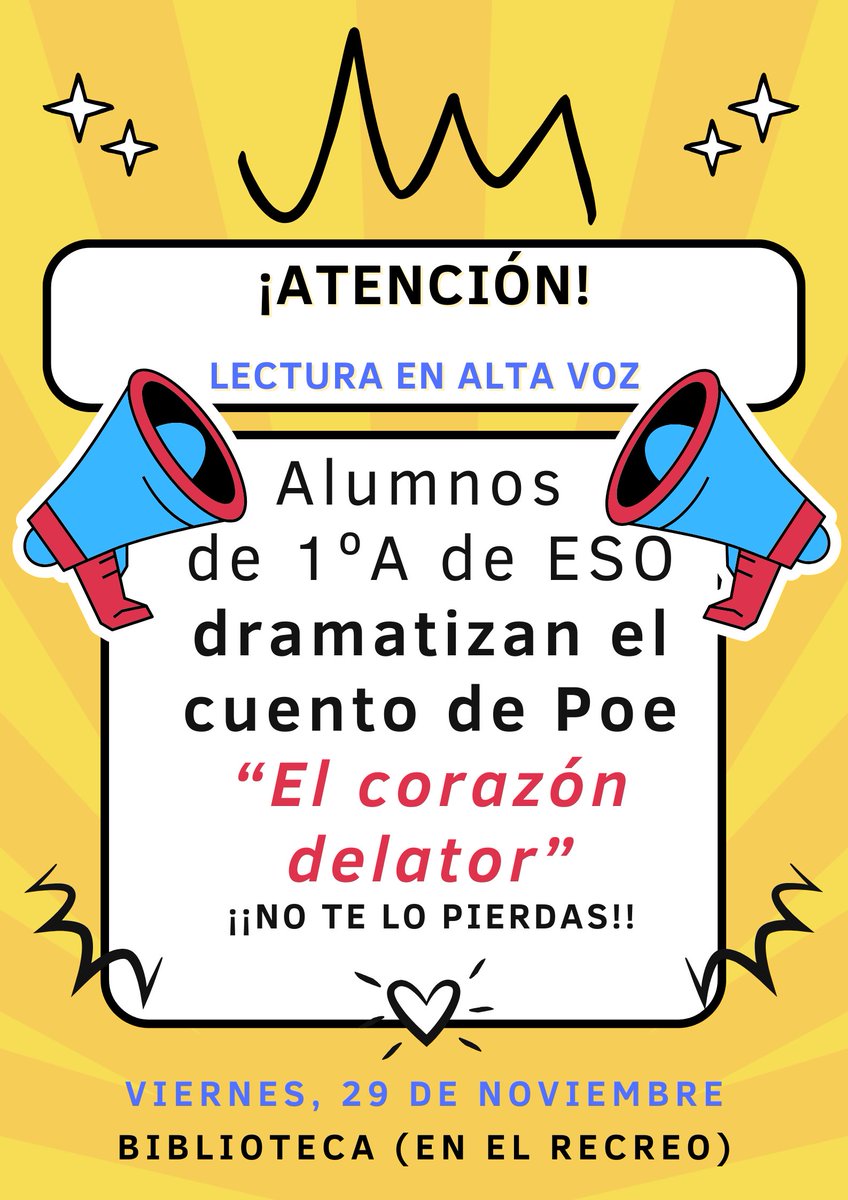 📢 ¡Arranca nuestro ciclo "Lecturas en alta voz"! 📖✨
Los alumnos de 1º ESO A dramatizarán "El corazón delator" de Edgar Allan Poe. 💀❤️

Forma parte de nuestro Plan Lector 🌟 ¡No te lo pierdas! 👀🎭

🗓️ Cuándo: Viernes 29 de noviembre
📍 Dónde: Biblioteca (en el recreo)
