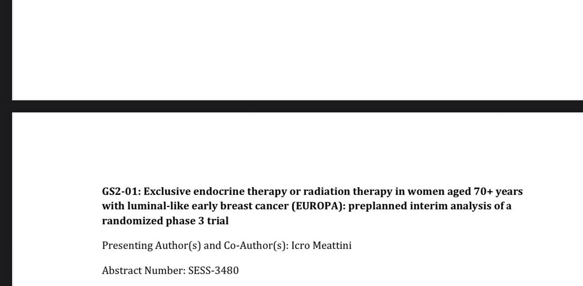‼️ EUROPA interim

Ph3 RCT 70+ y/o low risk breast cancer -&gt; BCS -&gt; adjuvant endocrine only vs adjuvant APBI only 

APBI has better HRQoL than endocrine tx, adj mean difference 6.39 (0.14-12.65)

0 IBTR, LRR, or DM events!!

🤩 #SABCS24