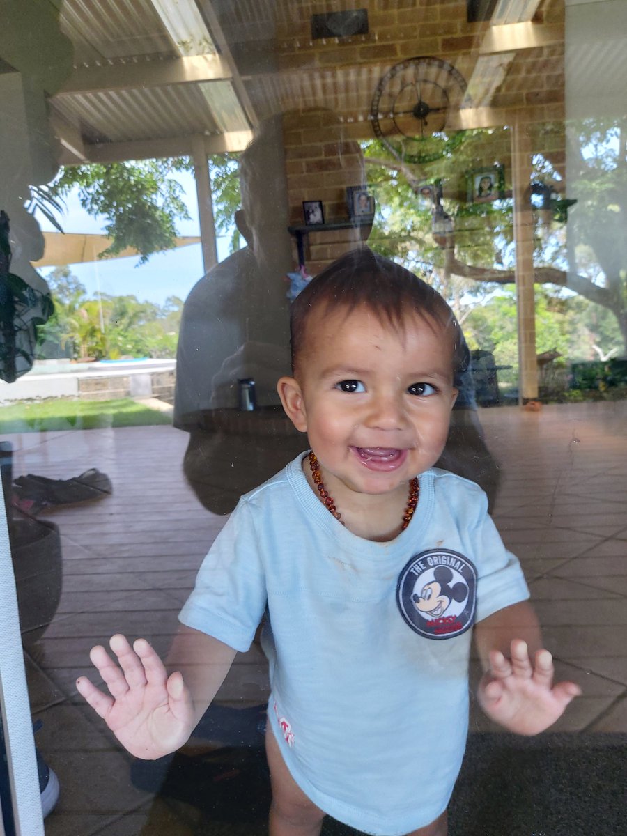 Our grandson is just finding his feet at our back door. My wife said, "Don't let him smudge the glass."
"Sure." I said 🤭