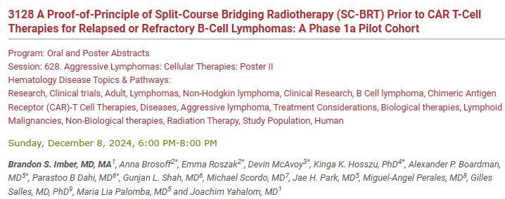 Ajay Major, MD, MBA (@majorajay) on Twitter photo Bridging RT pre- and post-LD CAR-T <a href="/brandon_imber/">Brandon Imber</a> #ASH24:
- 6 pts, 50% adv-stage
- 1 G5 CRS AE after axi-cel
- of 5 survivors, all CMR w/ continued remission at mFU 12 mo
- CAR-T expansion measured
Fascinating approach: sensitize NHL cells w/ RT right before CAR infusion. #lymsm Bridging RT pre- and post-LD CAR-T <a href="/brandon_imber/">Brandon Imber</a> #ASH24:
- 6 pts, 50% adv-stage
- 1 G5 CRS AE after axi-cel
- of 5 survivors, all CMR w/ continued remission at mFU 12 mo
- CAR-T expansion measured
Fascinating approach: sensitize NHL cells w/ RT right before CAR infusion. #lymsm
