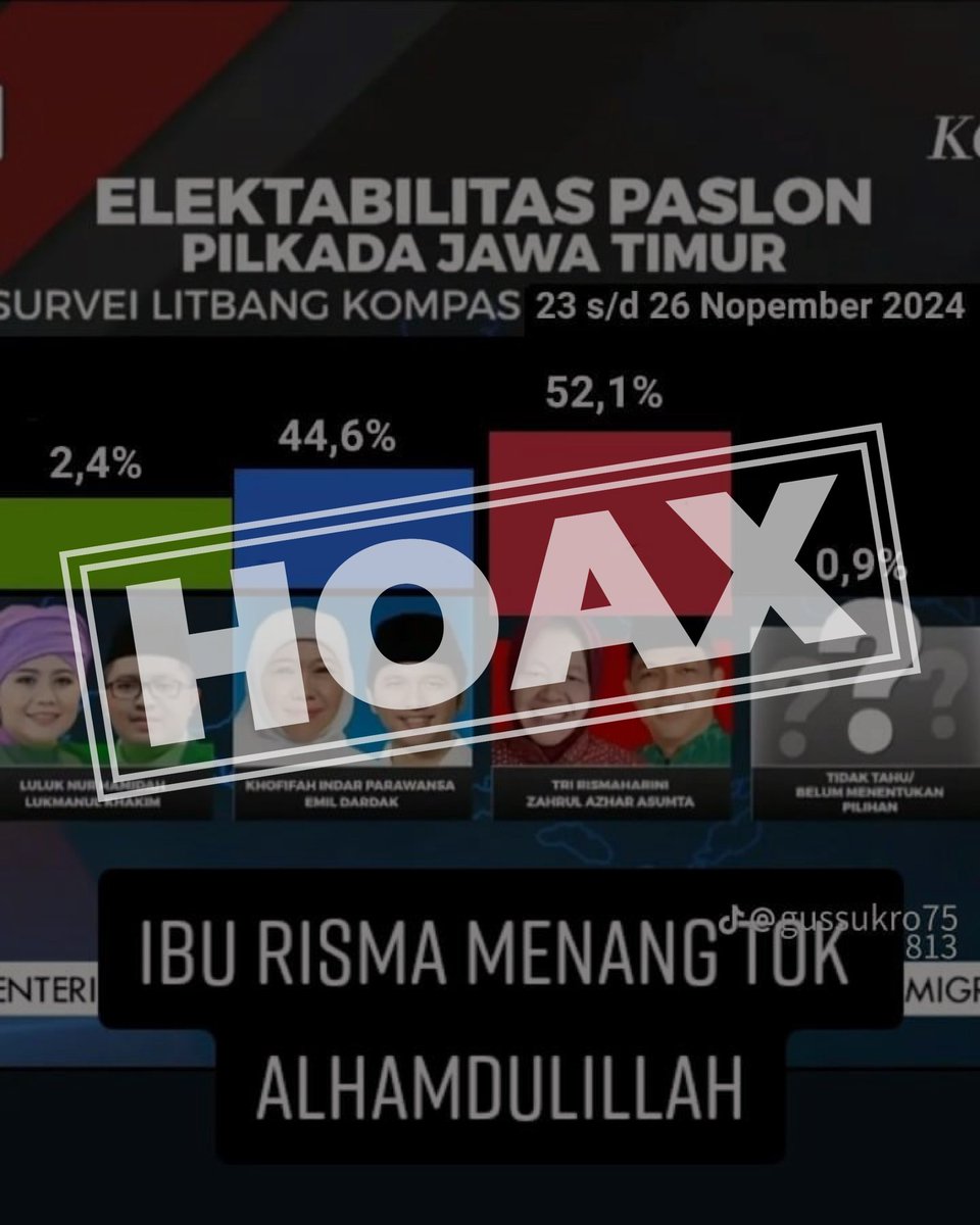 Heraloebss's tweet photo. GUYS!! ternyata ini survei HOAX, jangan ke Gocek ya

Survei Hoax yang disebarkan Pendukung Bu Risma di masa tenang Pilgub Jatim 2024 semakin menegaskan bahwa mereka tidak yakin bakal menang 

Wis Khofifah wae 

Palsu                                     Asli https://t.co/ZUWllILdCN