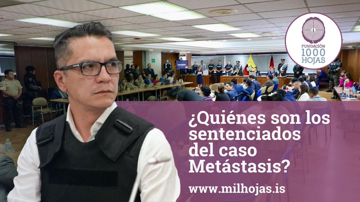 fmilhojas's tweet photo. #URGENTE | #CasoMetástasis: Suspendidas las sentencias para 8 prófugos y 1 candidato a asambleísta.

🗞️Lea más detalles en nuestro portal.

El juicio para 9 de los 21 procesados está suspendido porque 8 se encuentran prófugos: Xavier Jordán, Ronny Aleaga, Cristian Romero, Marcel Loaiza, Fabián Campozano, Carlos Mendoza, Ángel Lino y Jairo Vargas. El noveno es Armando Flor Izagirre, candidato a asambleísta por el partido Pueblo, Igualdad y Democracia (PID), lo que le da inmunidad.

La investigación del #CasoMetástasis fue iniciada por la Fiscalía luego de que las autoridades carcelarias informaran que el narcotraficante Leandro ‘El Patrón’ Norero había muerto acribillado en una masacre carcelaria, en octubre de 2022.

A partir de entonces, la Fiscalía investigó los dispositivos telefónicos del líder narco y, en diciembre de 2023, informó haber encontrado evidencias de que había construido una red de delincuencia organizada que operaba a su favor y de su familia, para evadir a la justicia.

En dicha red, según la Fiscalía, actuaban autoridades y funcionarios del sistema judicial, abogados particulares, empresarios, periodistas, policías y otros personajes, quienes recibían importantes sumas de dinero, propiedades y otras muestras de agradecimiento.