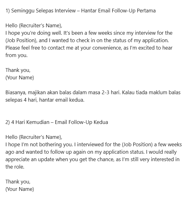 anisssurayaaa's tweet photo. Lepas habis interview, jangan terus rileks macam dah confirm dapat kerja.

Ada langkah penting untuk follow-up yang boleh bantu korang.

Follow-up ni nampak simple, tapi sebenarnya boleh buat recruiter lebih ingat &amp; hargai usaha korang. Good luck &amp; all the best! https://t.co/gKYEosFosB