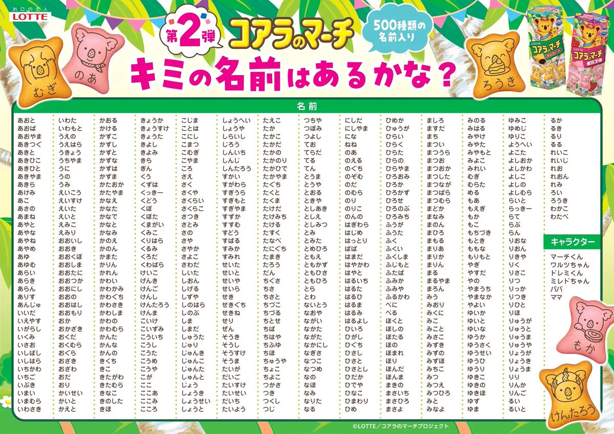 sweetroad5's tweet photo. １２月中旬より全国で、「コアラのマーチ＜チョコ＞」「コアラのマーチ＜���ちご＞」が苗字や名前を第1弾から一新した500種類の名前入りビスケットに一定期間切り替えて販売されます✨

家族や友達の名前を探して楽しむことができます！ https://t.co/to44NxS511