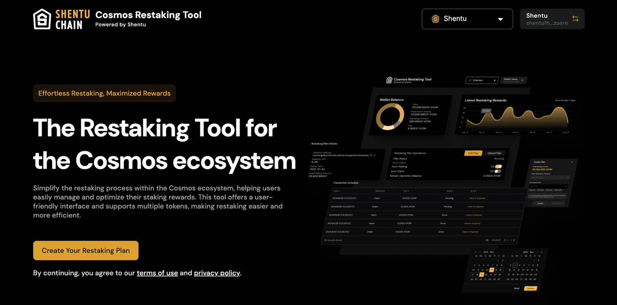 ShentuChain's tweet photo. Exciting News: Cosmos Ecosystem Restaking Tool is Live! 🚀

Built exclusively for the Cosmos ecosystem, this tool takes staking to the next level! With just a one-time authorization, it simplifies the re-staking process, making it easier and more efficient!

How It Works ⚙️
1️⃣ Authorize the tool’s address
2️⃣ Sit back as it auto-claims your staking rewards (😎)
3️⃣ Rewards are re-staked to validators for an additional set of rewards (🤑)

Version 🔁
▫️ Currently supports Shentu (CTK).
▫️ Support for re-staking on other chains will be added in future updates.
▫️ Features a user-friendly interface and supports multiple tokens.

Create your re-staking plan now 👉
https://t.co/NevkyeOXHO
*We recommend switching to Chrome on your PC for a better browsing experience.