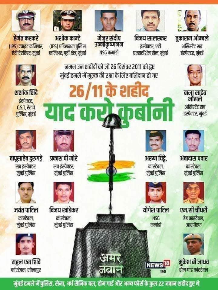 amitsirmaths's tweet photo. 26/11/2008 को पाकिस्तानी आतंकवादियों द्वारा मुम्बई में किए गए कायरतापूर्ण हमलों में मारे गये पुलिस एवं सुरक्षा बलों के सभी वीर जवानों और आम नागरिकों को शत् शत् नमन और भावभीनी श्रद्धांजलि।🙏🌺
#MumbaiTerrorAttack https://t.co/QfWNShSDqh