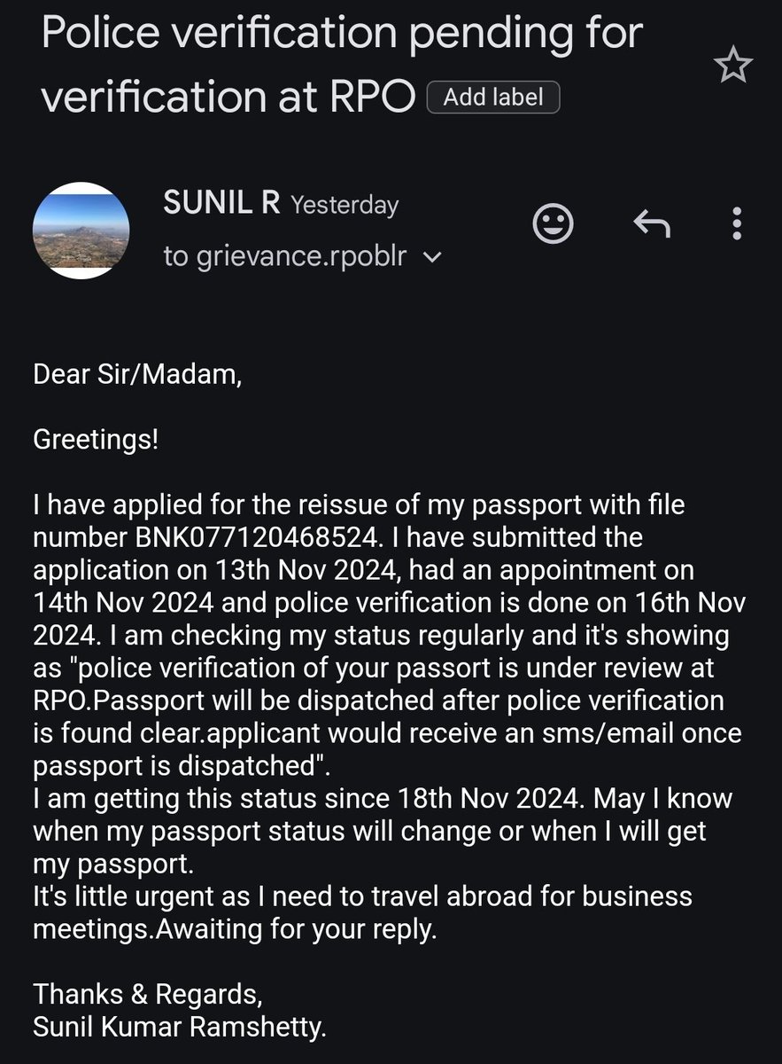 RamshettySunil's tweet photo. @rpobengaluru I have applied for the reissue of my passport with file number BNK077120468524. Current status"police verification of your passort is under review at RPO".
I can see the same status from 18th Nov, can you pls help here to get my passport as I need to travel abroad. https://t.co/JOjAeUN0pf