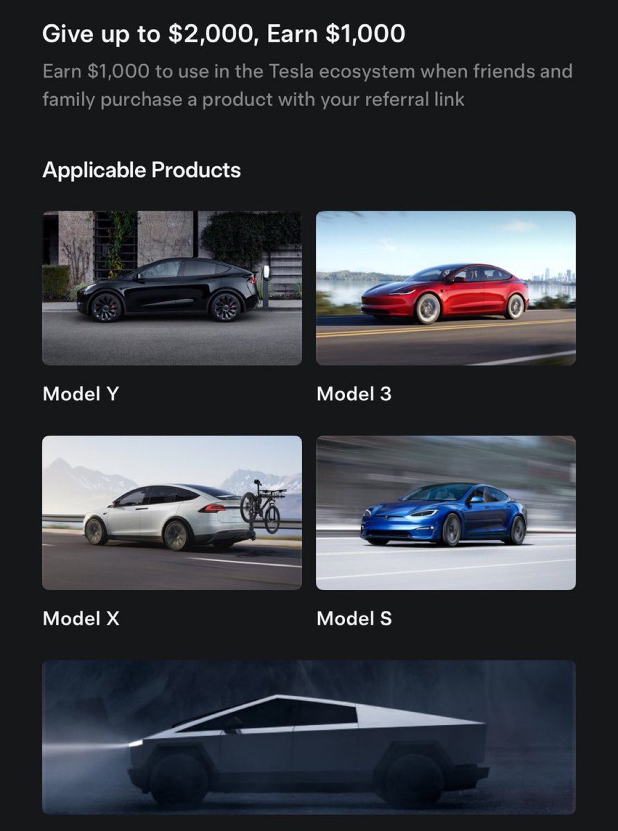 ManuelUnlimited's tweet photo. BREAKING: Buyers who use a referral code now receive up to $2,000 off the purchase price of a new vehicle, Also, referrers get $1,000 when someone uses your referral link. 

Here is my referral link if you want to order a new Tesla: https://t.co/6SzPR3Yb5f https://t.co/pyjI3crrkP