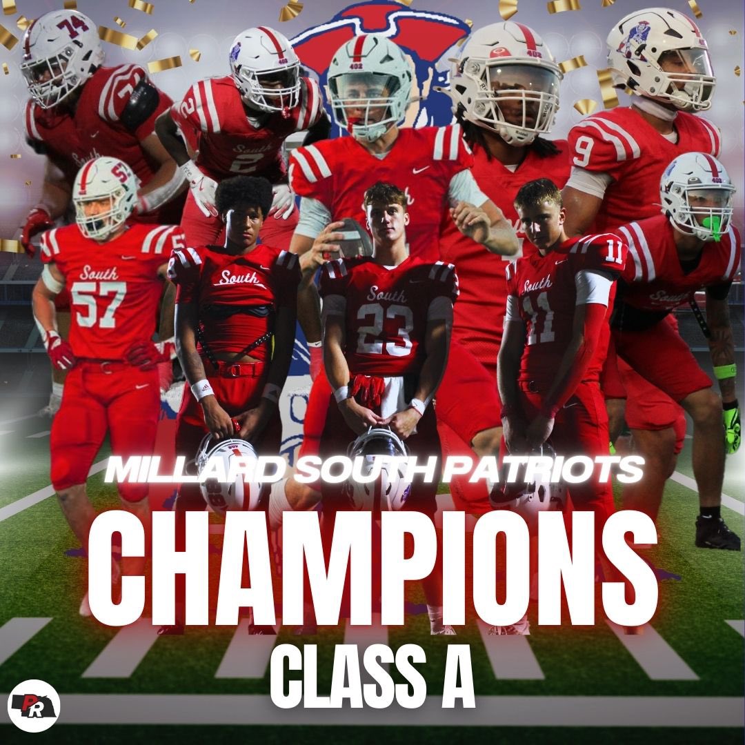 Trophy season for the Patriots 🏆

The Millard South Patriots (12-1) take down the reigning back-to-back champions to claim their first championship since 2009. The Patriots defeated Omaha Westside 27-10.

Congratulations on the championship, Millard South!