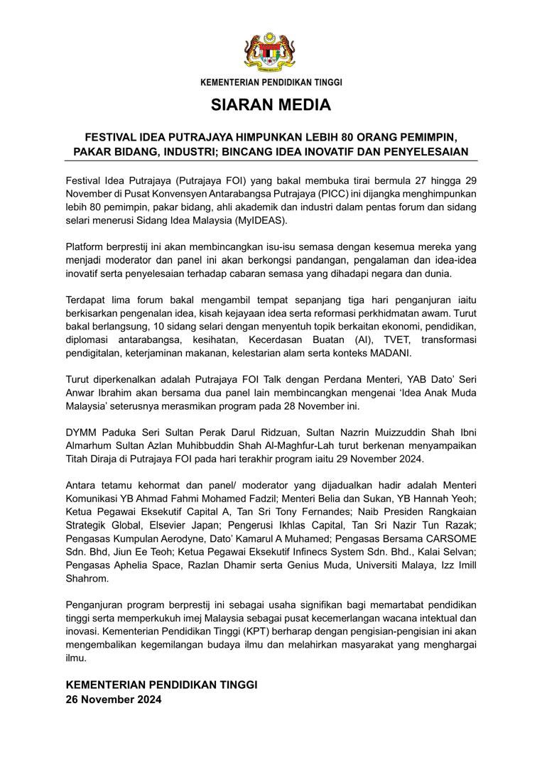 MOHEOfficial's tweet photo. [SIARAN MEDIA] Festival Idea Putrajaya Himpunkan Lebih 80 Orang Pemimpin, Pakar Bidang, Industri; Bincang Idea Inovatif dan Penyelesaian

@ZambryOfficial @MustaphaSakmud_ @DrZainiUjang 

#MalaysiaMADANI https://t.co/2uWjSTwpRR