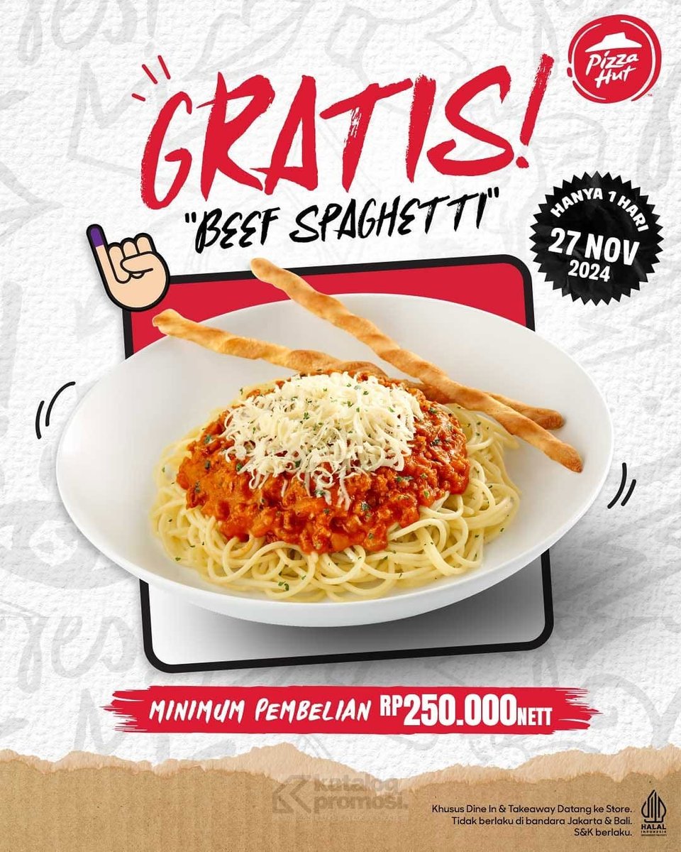 katalogpromosi's tweet image. 🎉 Promo Pilkada di Pizza Hut! Dapatkan Beef Spaghetti Gratis dengan pembelian Rp 250.000 di Pizza Hut hanya pada 27 Nov! Ayo ajak teman-teman makan enak! 
katalogpromosi.com/promo-pizza-hu…

#PizzaHutPromo #PilkadaPromo #GratisSpaghetti #JajanEnak