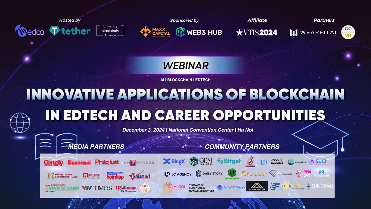 medoo_global's tweet photo. 🌍 BLOCKCHAIN 2024: A BREAKTHROUGH FOR THE FUTURE OF GLOBAL EDUCATION! 💥

On December 3, 2024, the event "INNOVATIVE APPLICATIONS OF BLOCKCHAIN IN EDTECH AND CAREER OPPORTUNITIES" will officially take place at the National Convention Center in Hanoi. The event is organized by #Medoo #Tether #UBA. For the first time, Medoo will officially present its research on applying Blockchain in education and training, highlighting potential opportunities and painting a global vision for education through Blockchain technology.

The event is part of the Vietnam Tech Impact Summit (#VTIS) – a premier technology event organized by FPT and SSI, sponsored by @MaxxcapitalX  and @Web3Hub, two of the largest offline Web3 communities in Vietnam and the region, with the special participation of strategic partners such as @WearFit_AI   and @icphub_VN.

🔥 Key highlights of the event:

👉 Medoo - Sharing a global vision and the future of education through decentralized education applications.

👉 Career opportunities in the blockchain industry and its transformative impact on education, including areas like GameFi and AI.

👉 Tether representatives will discuss their significant contributions to promoting blockchain education worldwide, including in Vietnam.

👉 The event will feature blockchain researchers, professors, and Ph.D. holders from major universities, alongside industry-leading experts.

👉 Attended by representatives from 15+ universities and 500+ top students specializing in technology, finance, and fintech.

This major blockchain and education event has garnered significant attention from local media, with coverage from 2+ national television stations and 15+ top newspapers sharing insights and updates about the event.

⏰ Time: 9:00 AM - 11:00 AM GMT+7, December 3, 2024.

📍 Location: Hall 343, 3rd Floor, (State C - VTIS) Hanoi National Convention Center.

Register now at: https://t.co/99CRKorCMB
👉 Follow us to stay updated on important event details: @medoo_global  @tether  @UBA
#Blockchain2024 #EdTech #Medoo #Tether #UBA #VietnamTechImpactSummit #BlockchainForEducation #DigitalEducation #BlockchainCareer #FutureOfEducation